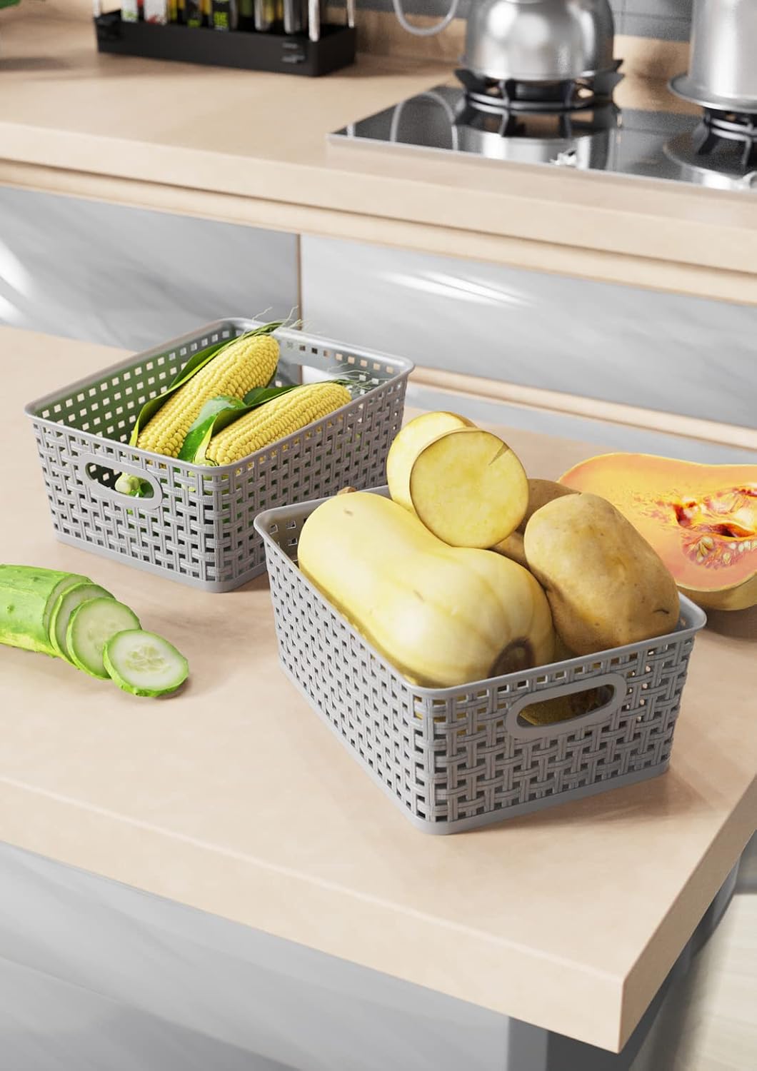 WYT Weave Storage Organizer Baskets, Grey 6-Pack Plastic Woven Baskets, 10.1" x 7.55" x 4.1"