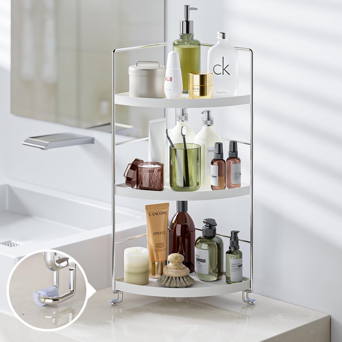 3-Tier Corner Spice Rack Kitchen Bathroom Countertop Organizer Vanity Tray Cosmetic Makeup Storage Standing Shelf, White