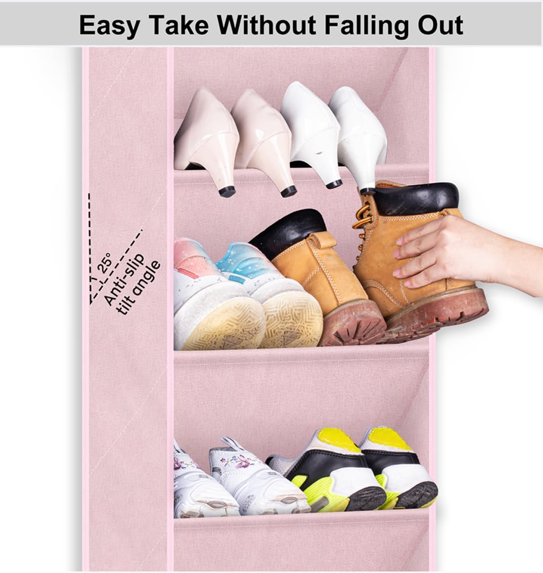SLEEPING LAMB Over The Door Shoe Rack with Large Deep Pockets, Kids Shoe Organizer for Closet Door, Narrow Hanging Boots Storage, Pink