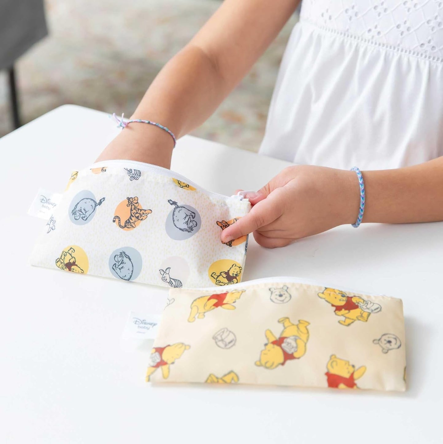Bumkins Disney Reusable Snack Bags, for Kids School Lunch and for Adults Portion, Washable Fabric, Waterproof Cloth Zip Bag, Supplies Travel Pouch, Food-Safe Storage, 2-pk Winnie the Pooh