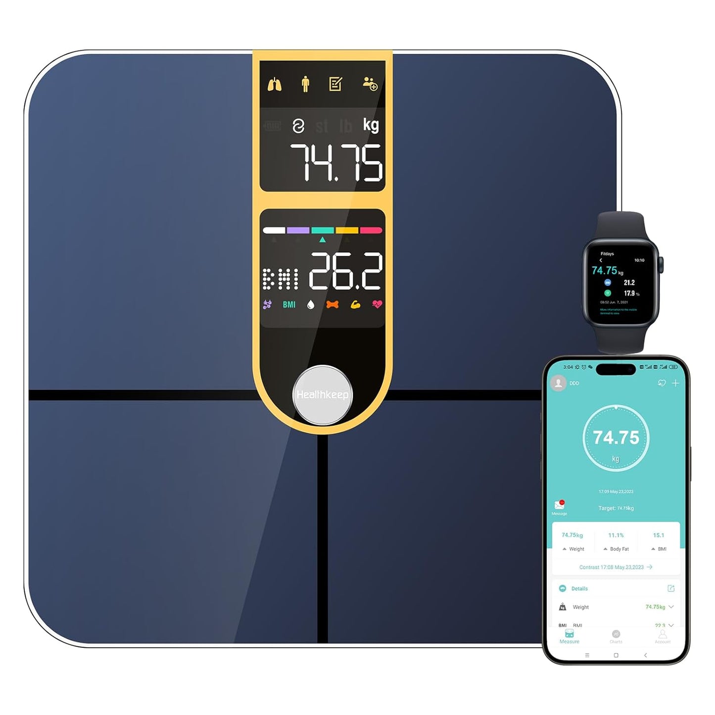 Healthkeep Body Fat Scale with Dual VA Displays and ITO Technology, 16 Body Datas with Heart Rate, Smart Weight Scale Compatible with iOS & Android, Max 400lb/180kg, Golden
