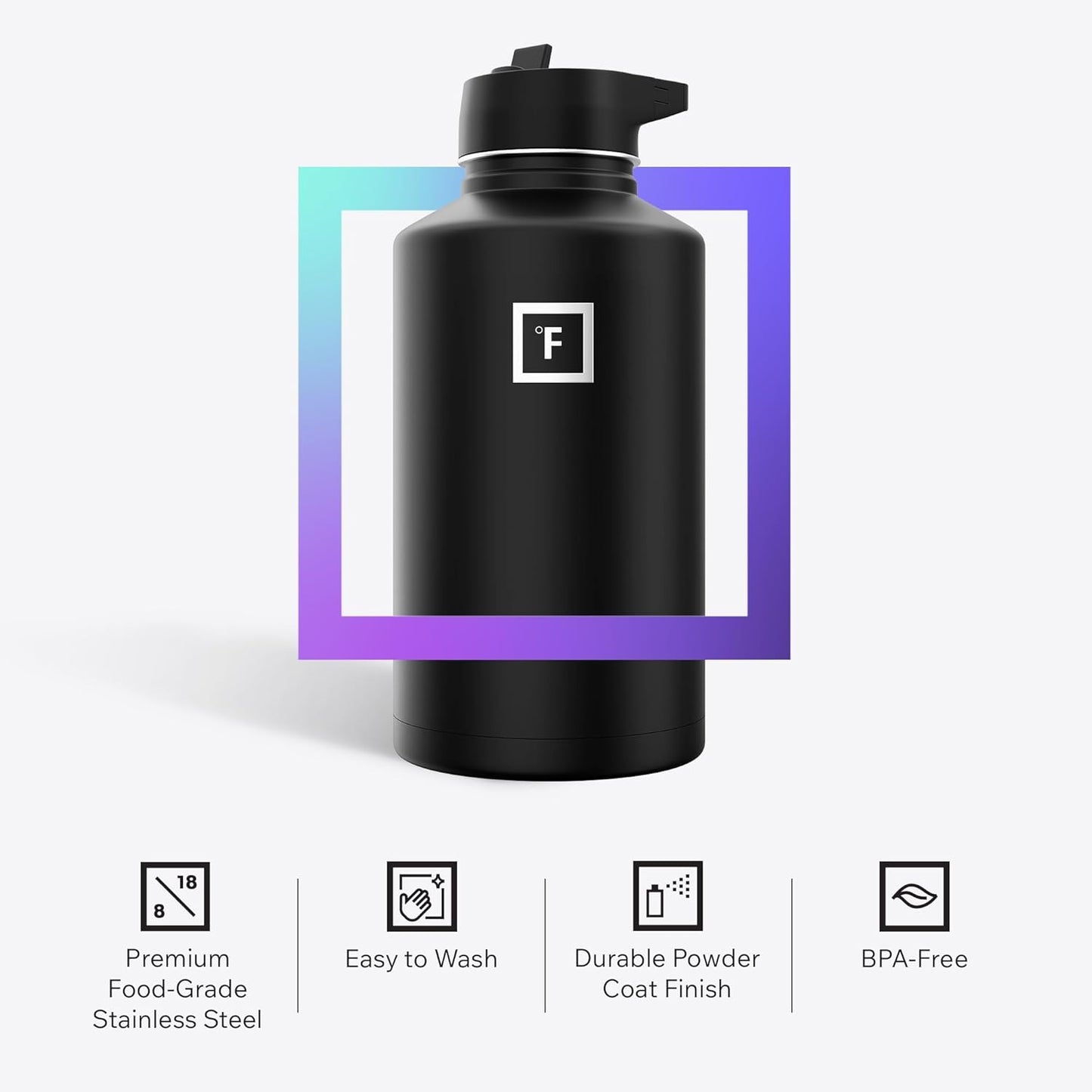 IRON °FLASK Camping & Hiking Hydration Flask with Straw, Wide Mouth Insulated Stainless Steel Sports Water Bottle - 64 oz Day & Night