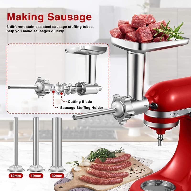 Metal Meat Grinder Attachment for Kitchen Aid Stand Mixer, Sausage Stuffer, Burger Press Maker, Food Processor Accessories for KA machine