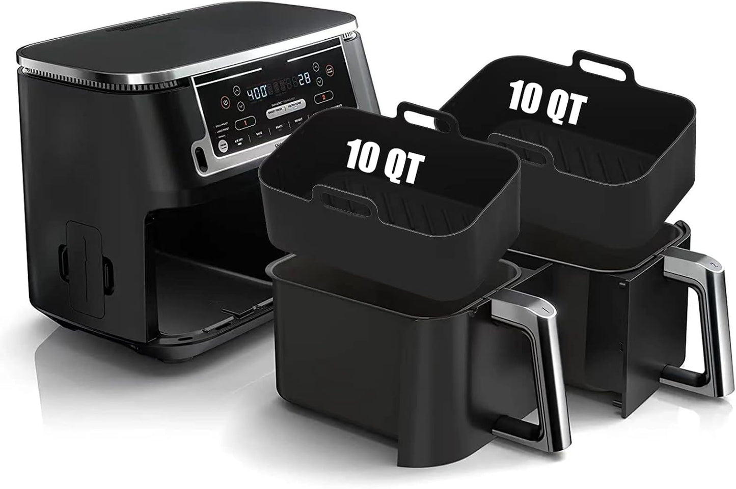 Air Fryer Silicone Liners 10QT for Ninja DZ550 DZ550GY/DZ302/DZ401,MMH 2Pcs Rectangle Food-Grade Airfryer Pot Reusable Replacement Baking Basket Accessories for Ninja 10 QT 10in1 Dual Air Fryer,Black