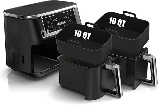 Air Fryer Silicone Liners 10QT for Ninja DZ550 DZ550GY/DZ302/DZ401,MMH 2Pcs Rectangle Food-Grade Airfryer Pot Reusable Replacement Baking Basket Accessories for Ninja 10 QT 10in1 Dual Air Fryer,Black