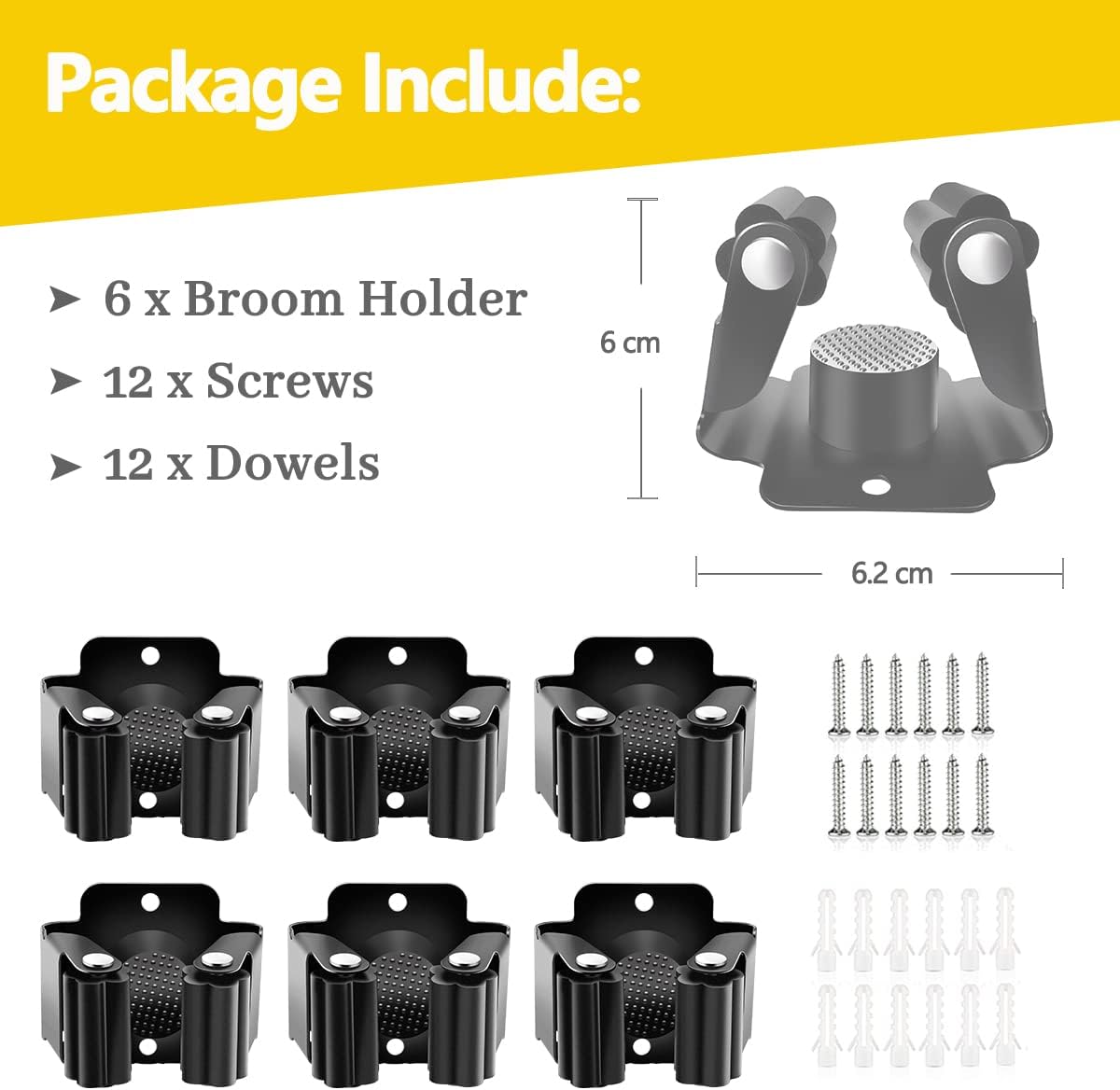 Verdenu 6 Pack Broom Holder, Stainless Steel Command Broom Holder with Screws, Garden Tool Rack for Kitchen, Home, Bathroom, Garage Storage, Black