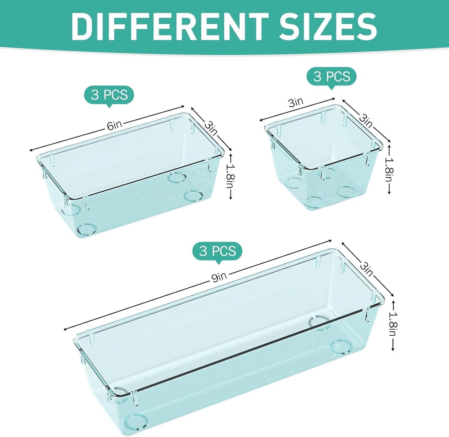 WOWBOX 9 Pack Clear Drawer Organizer Set, Acrylic Drawer Storage Trays, Storage Bins for Makeup, Cosmetics, Jewelries, Utensils, Gadgets, Office, Sea Blue