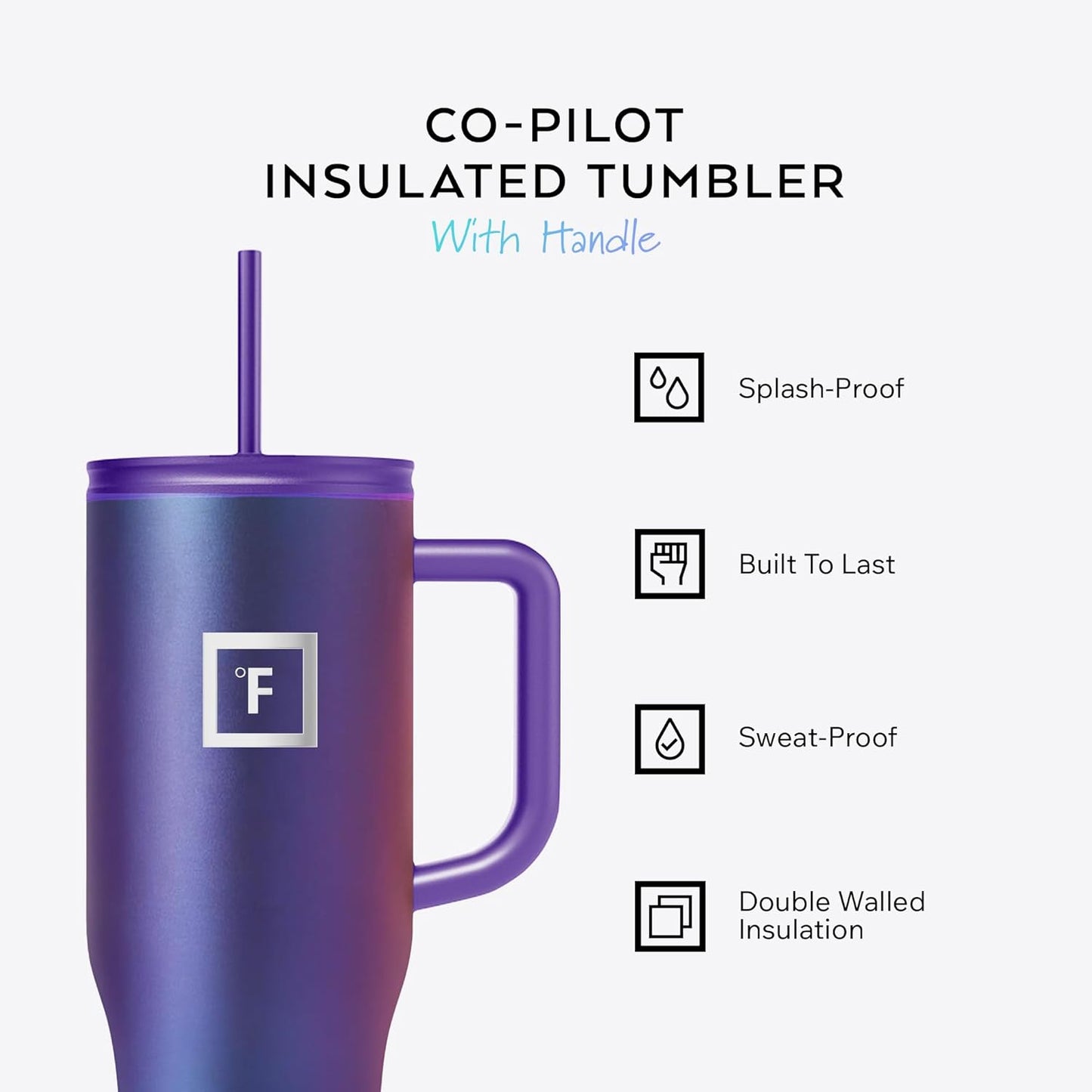 IRON °FLASK Co-Pilot Insulated Mug w/Straw & Flip Cap Lids - Cup Holder Bottle for Hot, Cold Drink - Leak-Proof - Water, Coffee Portable Travel Mug - Dark Rainbow, 40 Oz