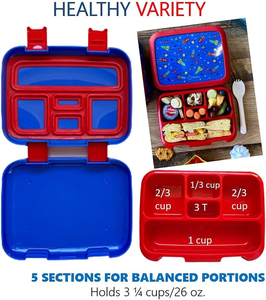 kinsho Bento Lunch Box, Water Bottle, Ice Pack Set for Kids Toddlers, 5 Portion Sections, Removable Plastic Tray, Pre-School Kid Toddler Daycare Lunches, Snack Container, Blue Space Rocket