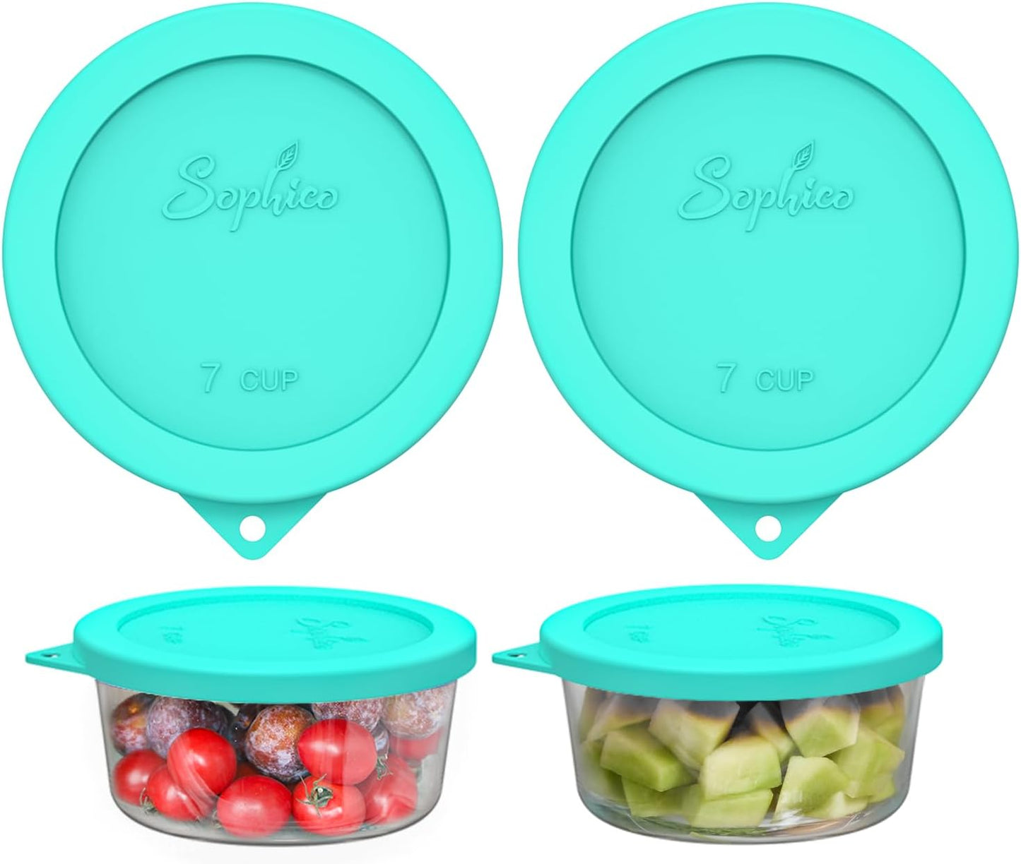 Sophico Round Silicone Storage Cover Lids Replacement for Anchor Hocking and Pyrex 7402-PC 6/7 Cup Glass Bowls (Container not Included)(Mint - 2 pack)