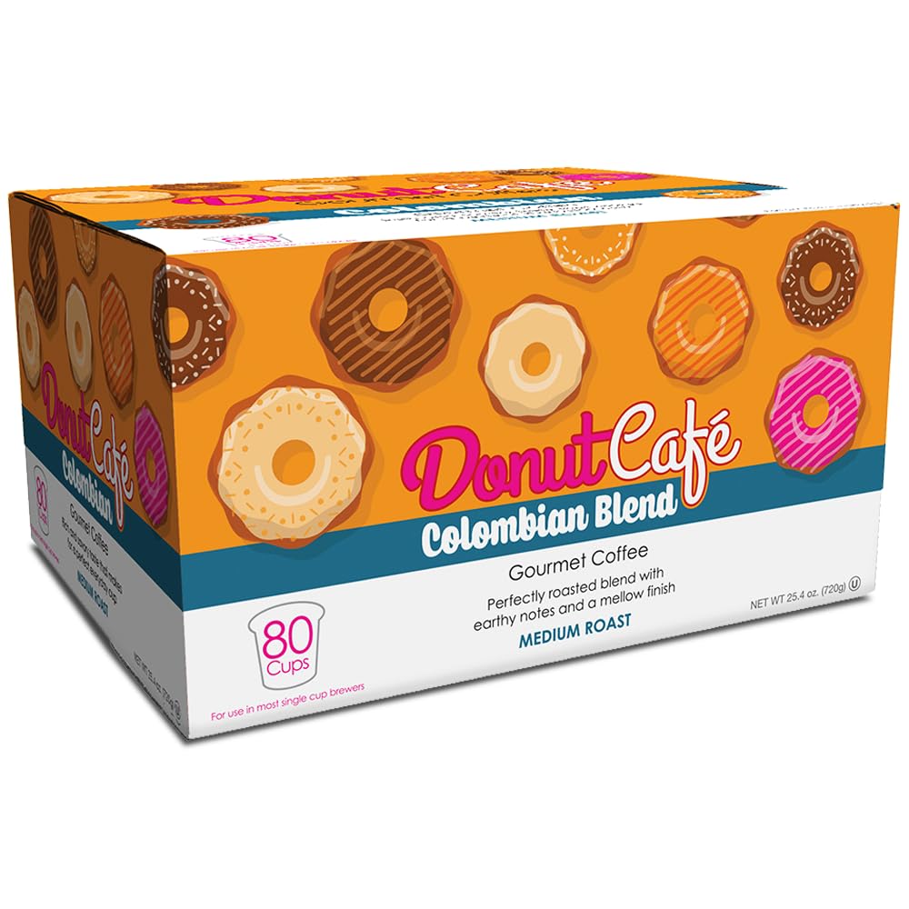 Donut Café - Coffee Gourmet Pods, Colombian Blend, Medium Roast – Non-GMO, Gluten Free – Compatible with Keurig K Cup Brewers – Smooth & Delicious – 80 Count