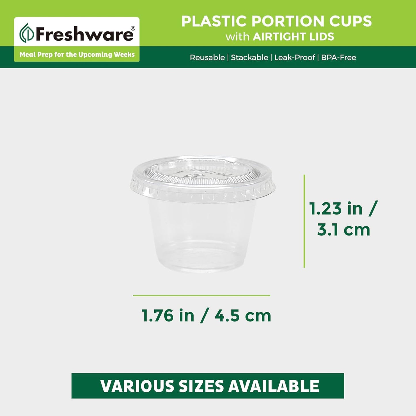 Freshware Plastic Portion Cups with Lids [1 Ounce, 100 Sets] Disposable Plastic Cups for Meal Prep, Salad Dressing, Jellos Shot Cups, Souffle Cups, Condiment and Dipping Sauce Cups