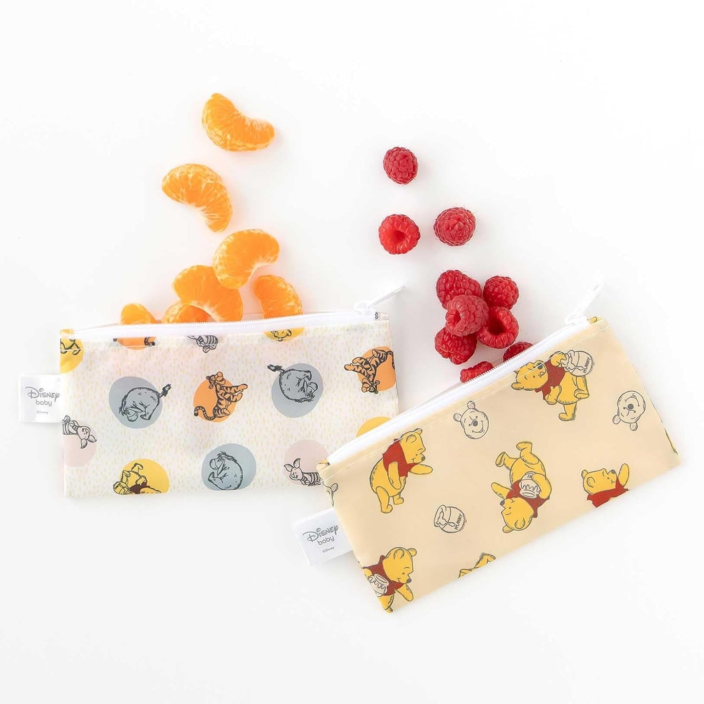 Bumkins Disney Reusable Snack Bags, for Kids School Lunch and for Adults Portion, Washable Fabric, Waterproof Cloth Zip Bag, Supplies Travel Pouch, Food-Safe Storage, 2-pk Winnie the Pooh