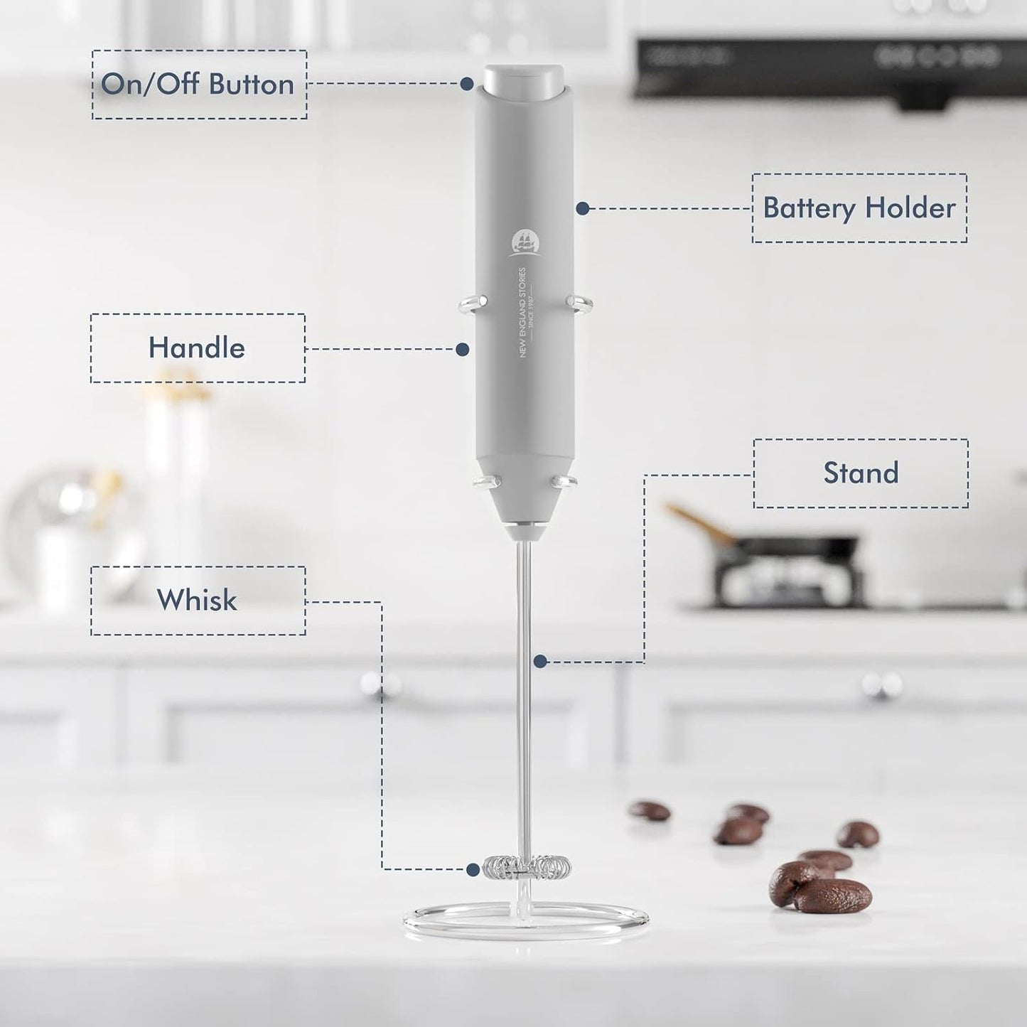 Powerful Milk Frother Handheld Foam Maker, Mini Whisk Drink Mixer for Coffee, Cappuccino, Latte, Matcha, Hot Chocolate, With Stand, Grey