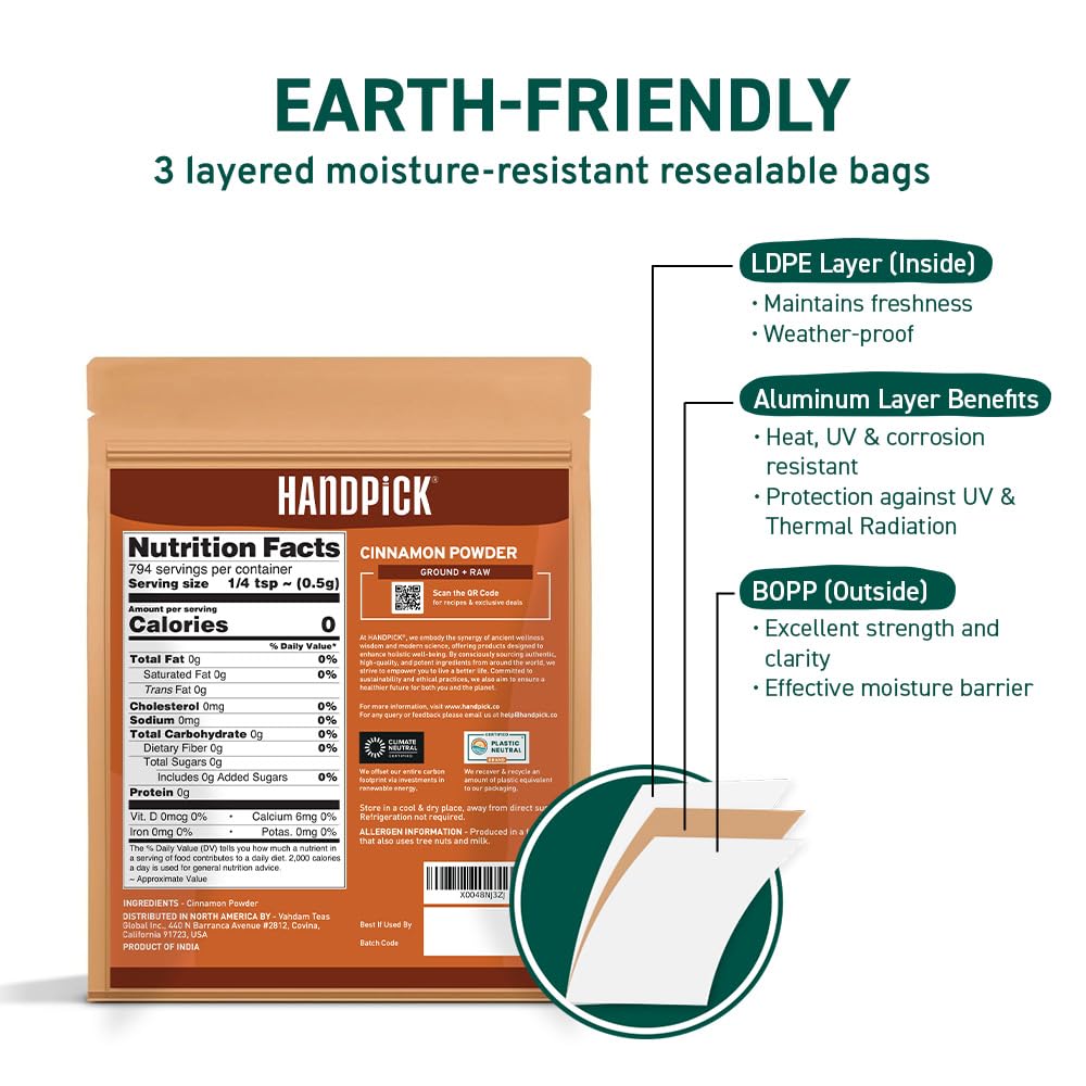 HANDPICK, Cinnamon Powder (397g/14oz) Non GMO, Gluten Free, 100% Raw, Sourced from South India, For Cooking, Smoothies, Lattes, Tea, Packed in Resealable Ziplock Pouch