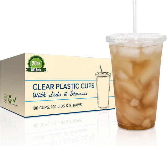 SafeWare Clear Disposable Plastic Cups 20oz with Flat Lids and Straws, Togo Disposable Iced Coffee Cups - Ideal for Party, Outdoor Picnic, BBQ, House Party, Restaurant Quality - 100 Sets