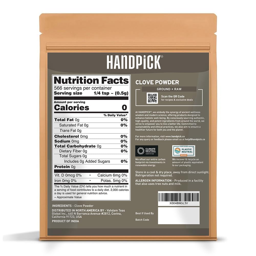 HANDPICK Ground Cloves (283g/10oz), Gluten free, Sourced from India, For Cooking, Smoothies, Tea, Packed in Resealable Zip Lock Pouch