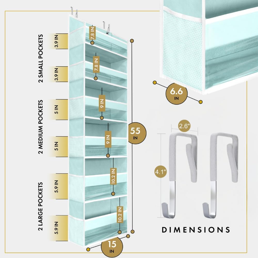 HOMELUX THEORY 2 PC Heavy Duty Over the Door Organizer 55x14x6.7, 6 Large Front & 12 Side Pockets, Hanging Storage Closet Door Organizer for Bedroom, Bathroom and Baby Nursery Storage (Baby Blue)