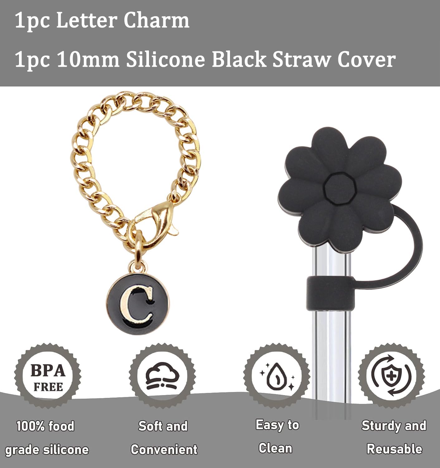 Stanley Cup Accessories, 1pc Flower Stanley Straw Cover Silicone Straw Topper for Stanley 30&40 oz Tumbler with Handle and 1pc Initial Letter Charm for Stanley Cup (Letter C)