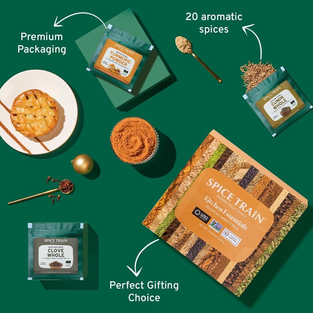SPICE TRAIN, Assorted Spice Set – 20 Exotic Spices | Gluten-Free, Non-GMO | Essential Cooking Gift Set from India