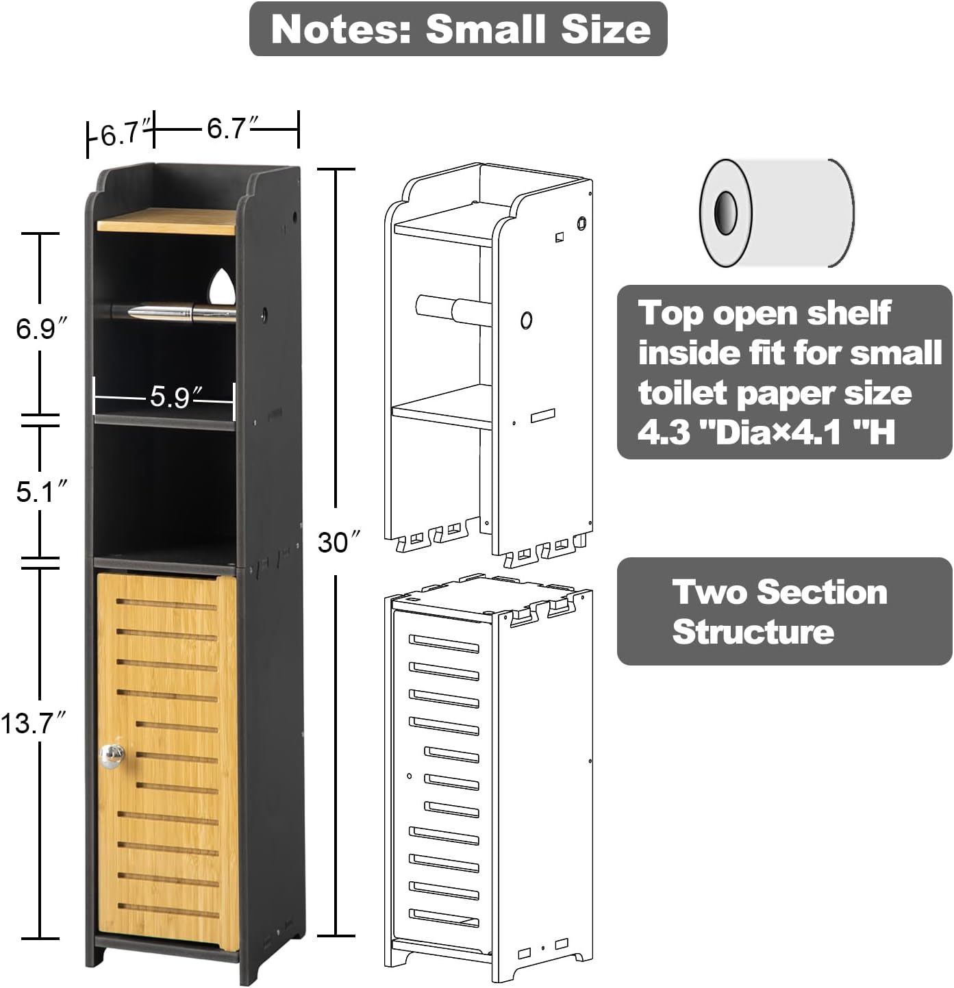 AOJEZOR Toilet Paper Holder Stand: Small Bathroom Storage Cabinet - Black - Bamboo