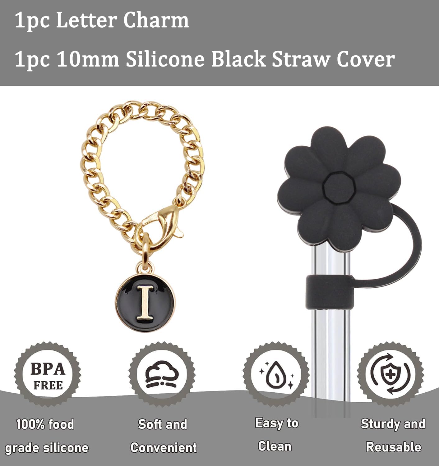 Stanley Cup Accessories, 1pc Flower Stanley Straw Cover Silicone Straw Topper for Stanley 30&40 oz Tumbler with Handle and 1pc Initial Letter Charm for Stanley Cup (Letter I)