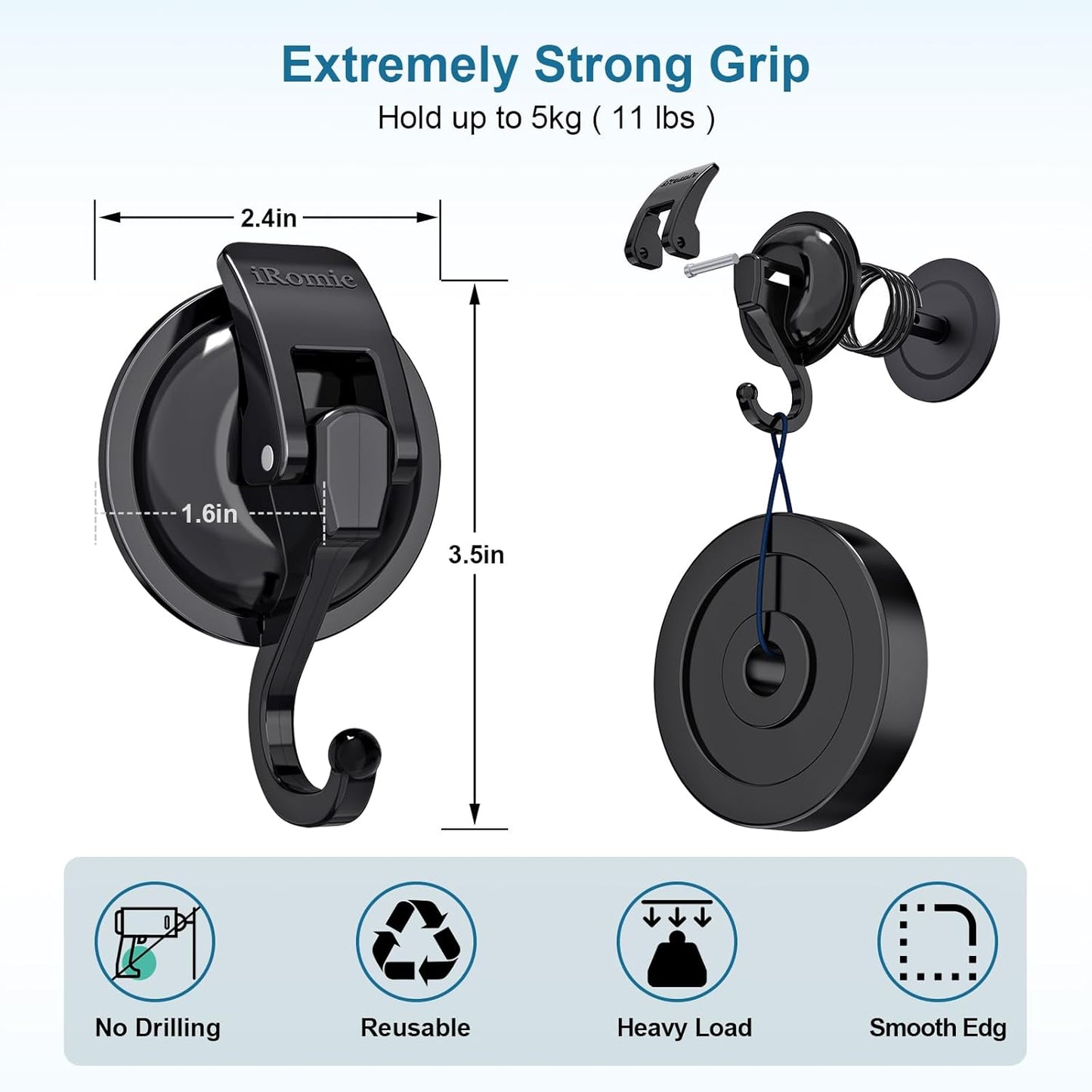 Heavy Duty Vacuum Suction Cup Hooks (2Pack) for Shower,Glass Window,Kitchen&Bathroom&Restroom Organization,Black.