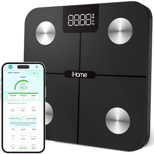 iHome Digital WiFi Smart Scale for Body Weight, Weight Scale, Including BMI, Body Fat, Muscle Mass, Batteries Included (Black Smart WiFi)