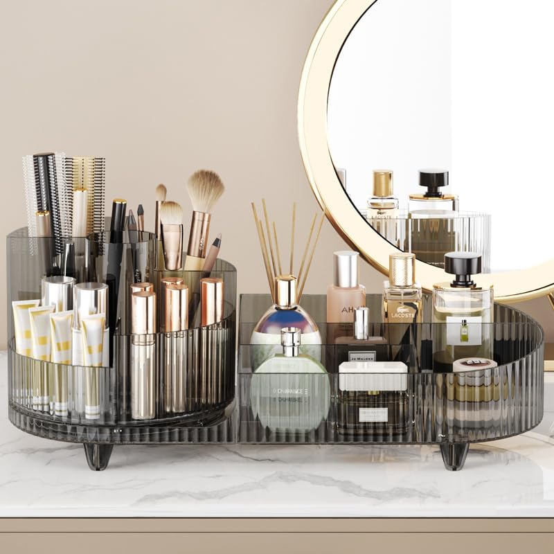 Rotating makeup organizer,Large Capacity Cosmetic Display Case, easy to hold all of your makeup products, at least 20 makeup brushes/eyeliner,10 lipsticks,8 skincare products(Crystal Black)