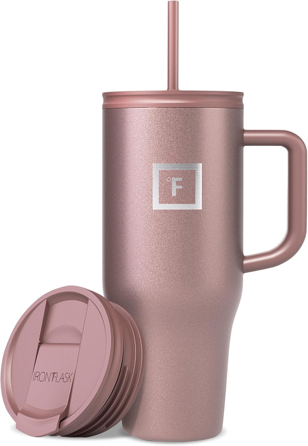 IRON °FLASK Co-Pilot Insulated Mug w/Straw & Flip Cap Lids - Cup Holder Bottle for Hot, Cold Drink - Leak-Proof - Water, Coffee Portable Travel Mug - Rose Gold, 32 Oz
