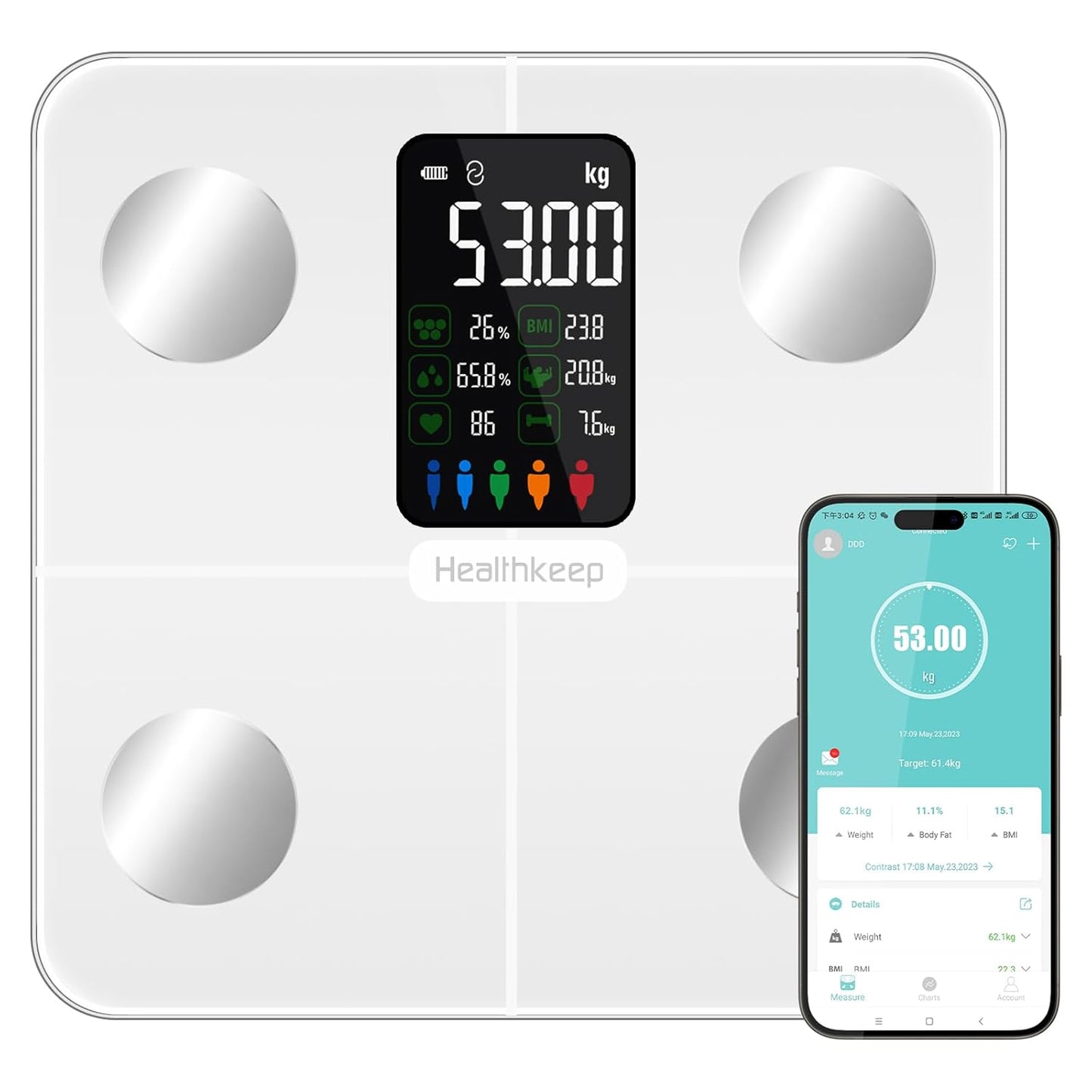 Healthkeep Body Fat Scale with Large VA Display, 15 Body Datas with Heart Rate, Smart Weight Scale Compatible with iOS & Android, Max 400lbs/180kg, 28cm, White