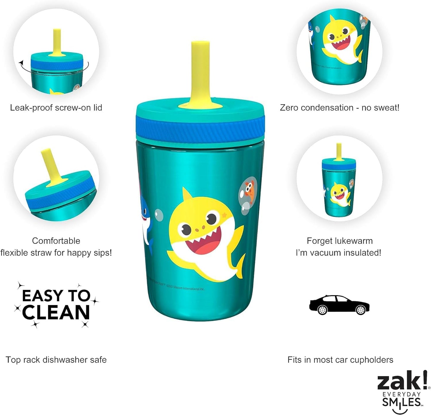 Zak Designs Baby Shark Kelso Tumbler Set, Leak-Proof Screw-On Lid with Straw, Bundle for Kids Includes Plastic and Stainless Steel Cups with Bonus Sipper (3pc Set, Non-BPA) (Pack of 12)