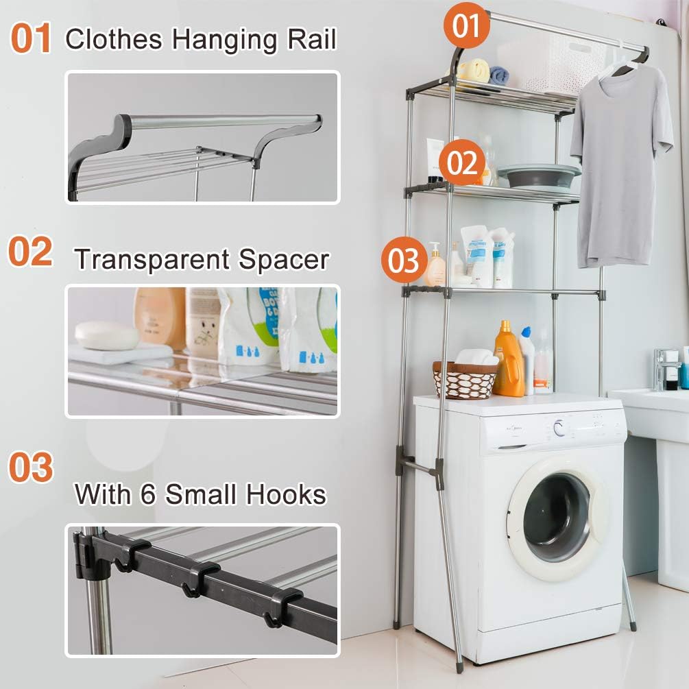BAOYOUNI 3-Tier Over The Laundry Shelf Above Toilet Washing Machine Dryer Storage Utility Rack Clothes Hanger Rod Standing Bathroom Organization Space Saving Shelving Units, Grey