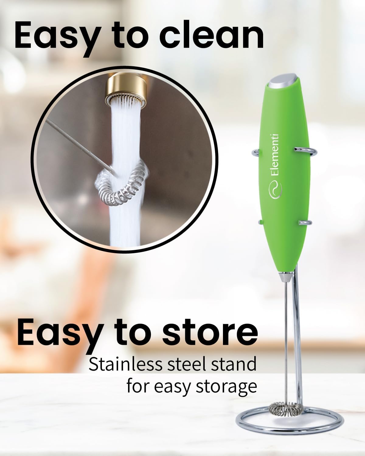 Elementi Milk Frother Wand & Matcha Whisk Set - Powerful Electric Matcha Mixer, Easy to Use Macha Wisk Kit - Craft Effortless Lattes with the Elementi Milk Frother Wand (Lime Green)