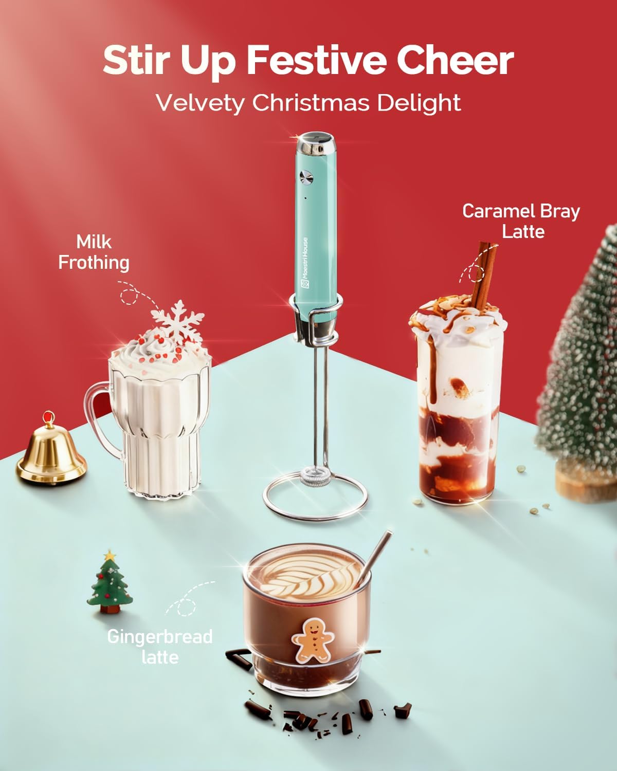 Maestri House Rechargeable Milk Frother with Stand, Handheld Electric Foam Maker Waterproof Detachable Stainless Steel Whisk Drink Mixer Foamer for Lattes, Cappuccino (Soft Aqua(Gift Box))