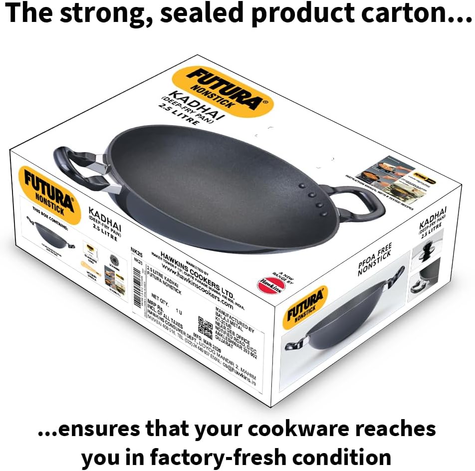 Hawkins Futura 2.5 Litre Deep Fry Pan, Non Stick Kadai, Round Bottom Kadhai, Black (NK25)