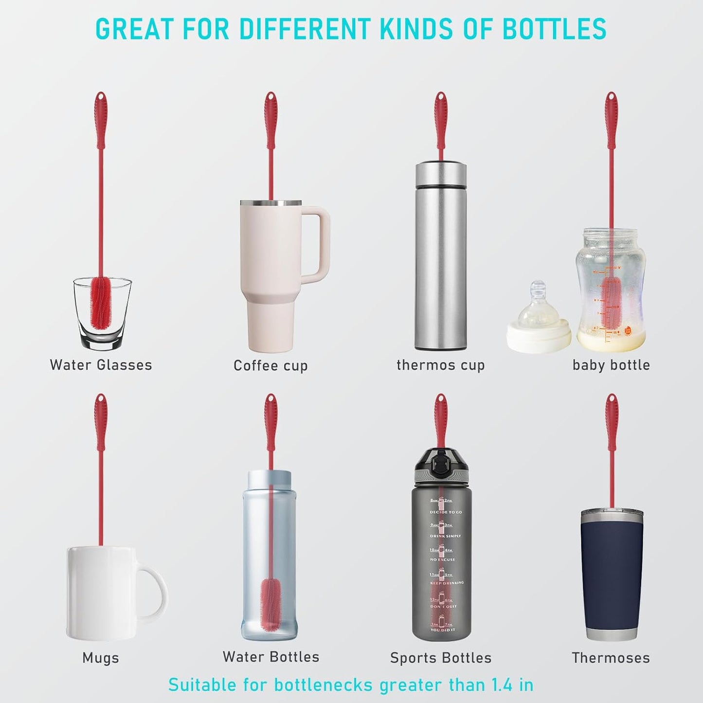 15.7" Silicone Bottle Brush, ddLUCK Water Bottle Cleaner Brush for Stanley, Hydroflasks, Glass, Thermos Sports Bottle, Vase and Glassware, Bottle Brush Cleaner for Small Narrow Neck Containers (Red)