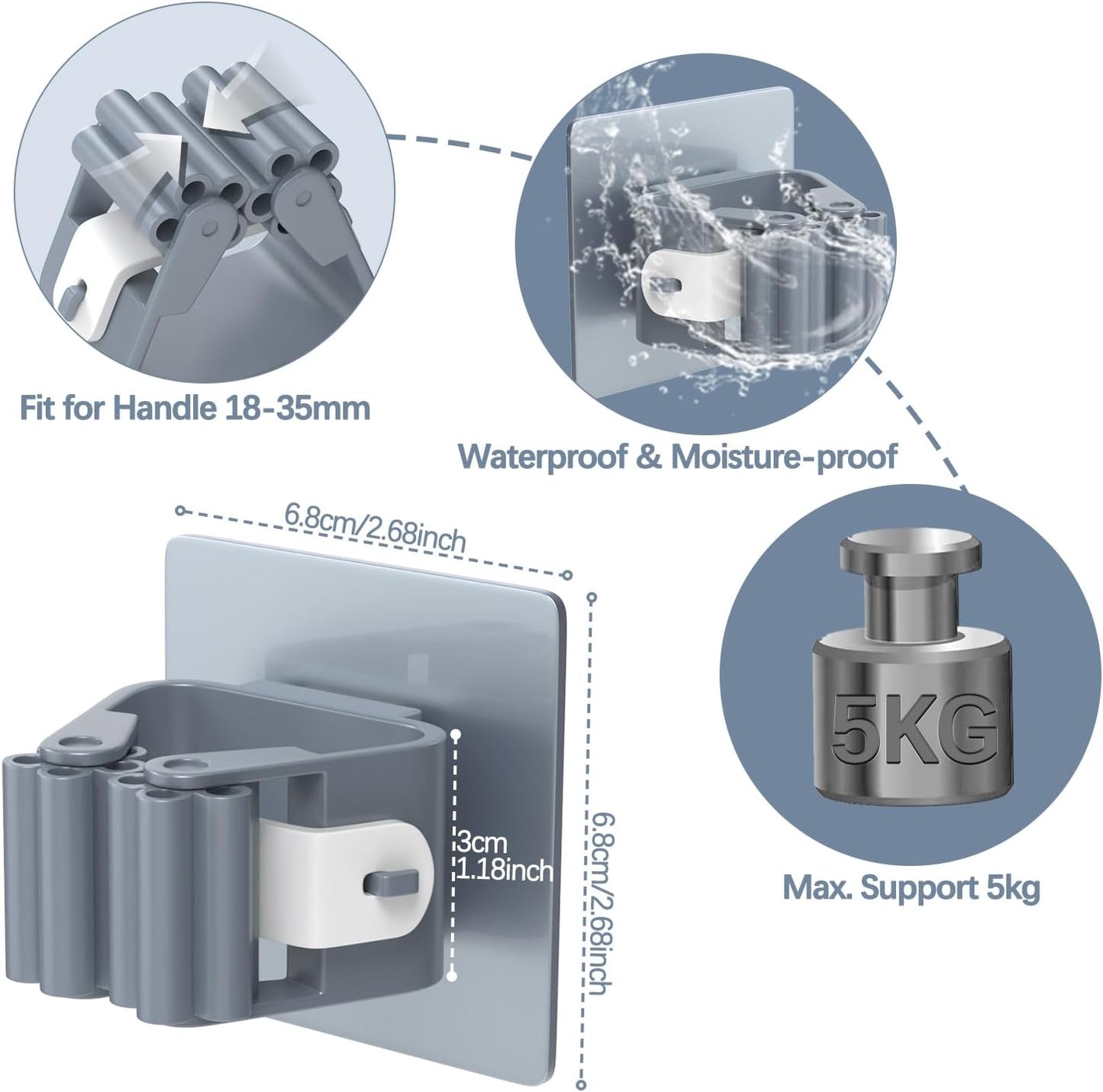 3-H 8-Pack Self Adhesive Broom Holder Wall Mount - Heavy Duty No Drill Broom Organizer for Garage Closet Kitchen, Plastic Storage Rack for Brooms Mops Tools, Peel and Stick Adhesive