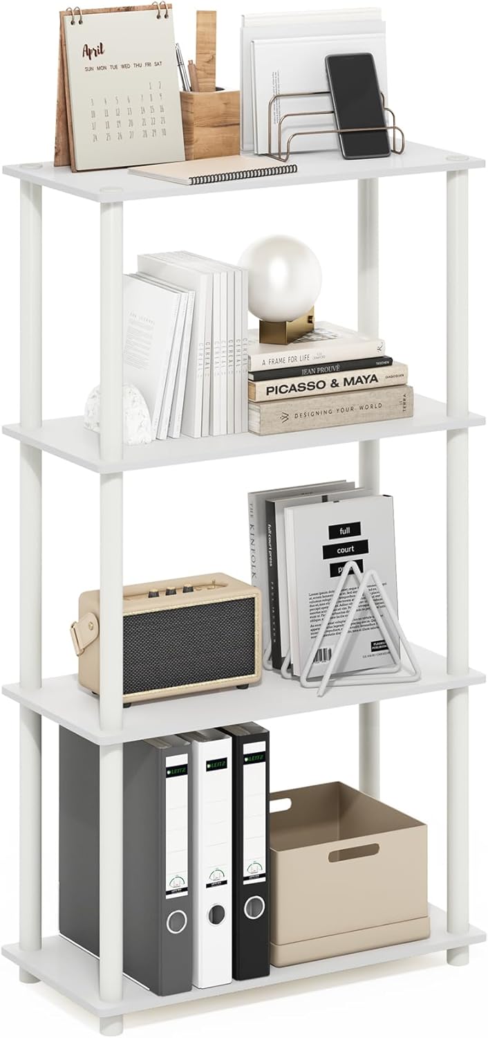 Furinno TURN-N-TUBE Storage Shelves, 4-Tier Toolless Book Shelf, Corner Shelf, Toolless Open Shelves, for Organization and Storage, Living Room, Garage, Home Office, White