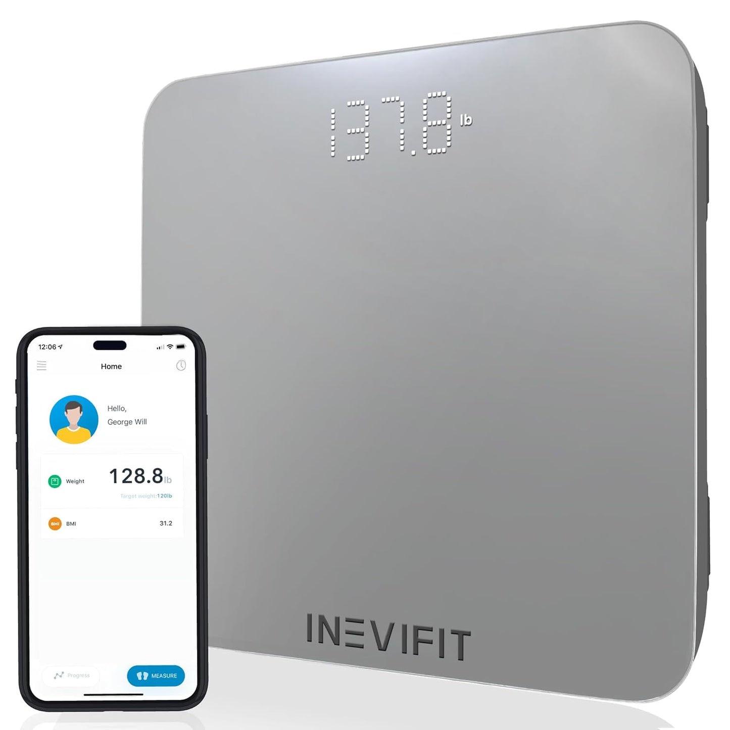 INEVIFIT Smart Bathroom Scale, Highly Accurate Bluetooth Digital Bathroom Body Weight Scale, Precisely Measures Weight & BMI for Unlimited Users (S-Silver)