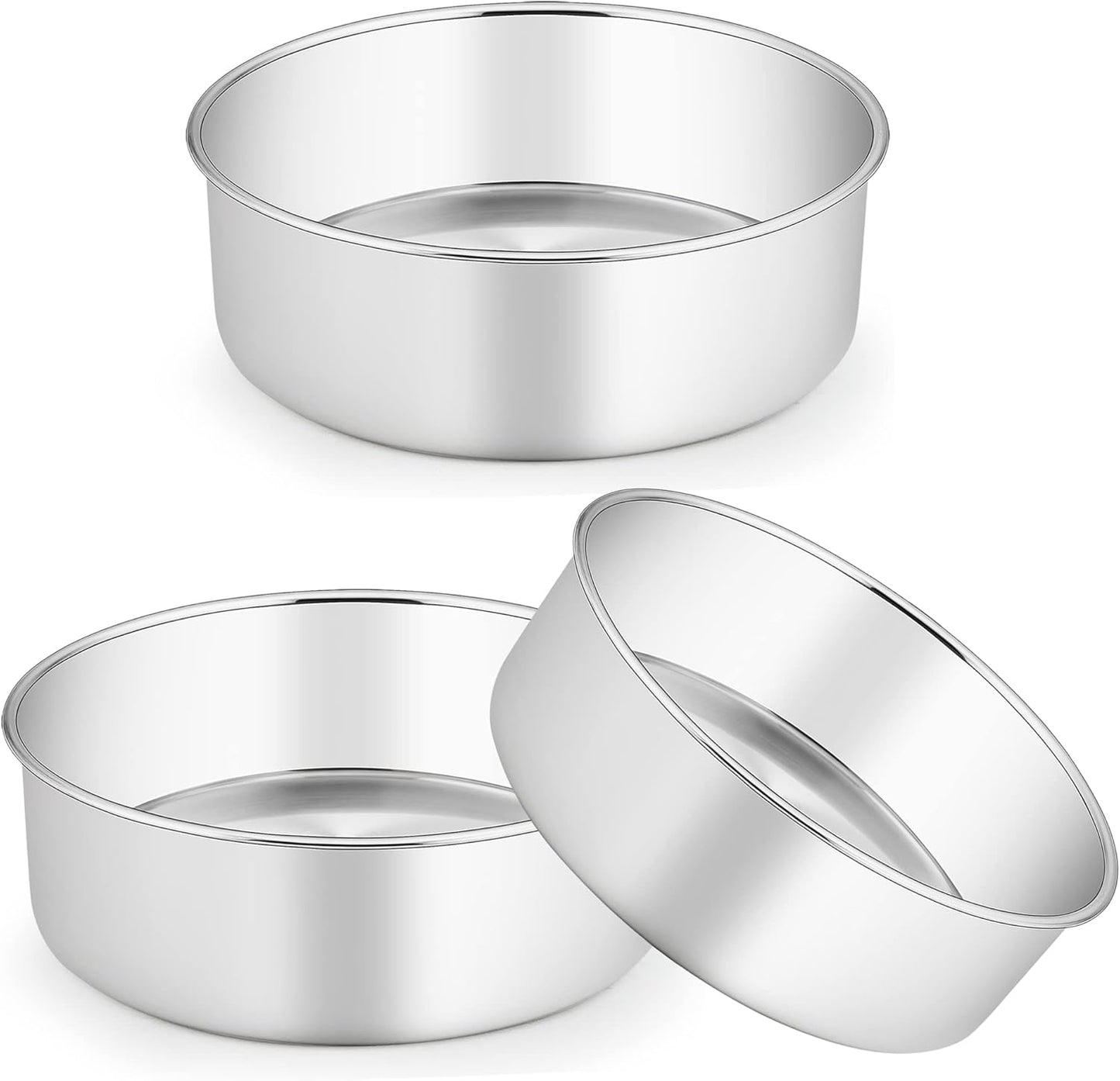 TeamFar Cake Pans, 8 Inch Stainless Steel Round Tier Baking Cake Pan for Birthday Wedding Anniversary Party Cake, Non-Toxic & Sturdy, 3 Inch Deep & Straight Side, Dishwasher Safe-Set of 3