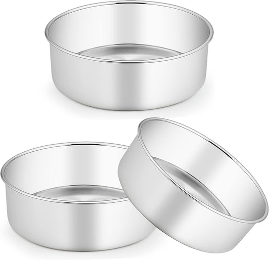 TeamFar Cake Pans, 8 Inch Stainless Steel Round Tier Baking Cake Pan for Birthday Wedding Anniversary Party Cake, Non-Toxic & Sturdy, 3 Inch Deep & Straight Side, Dishwasher Safe-Set of 3