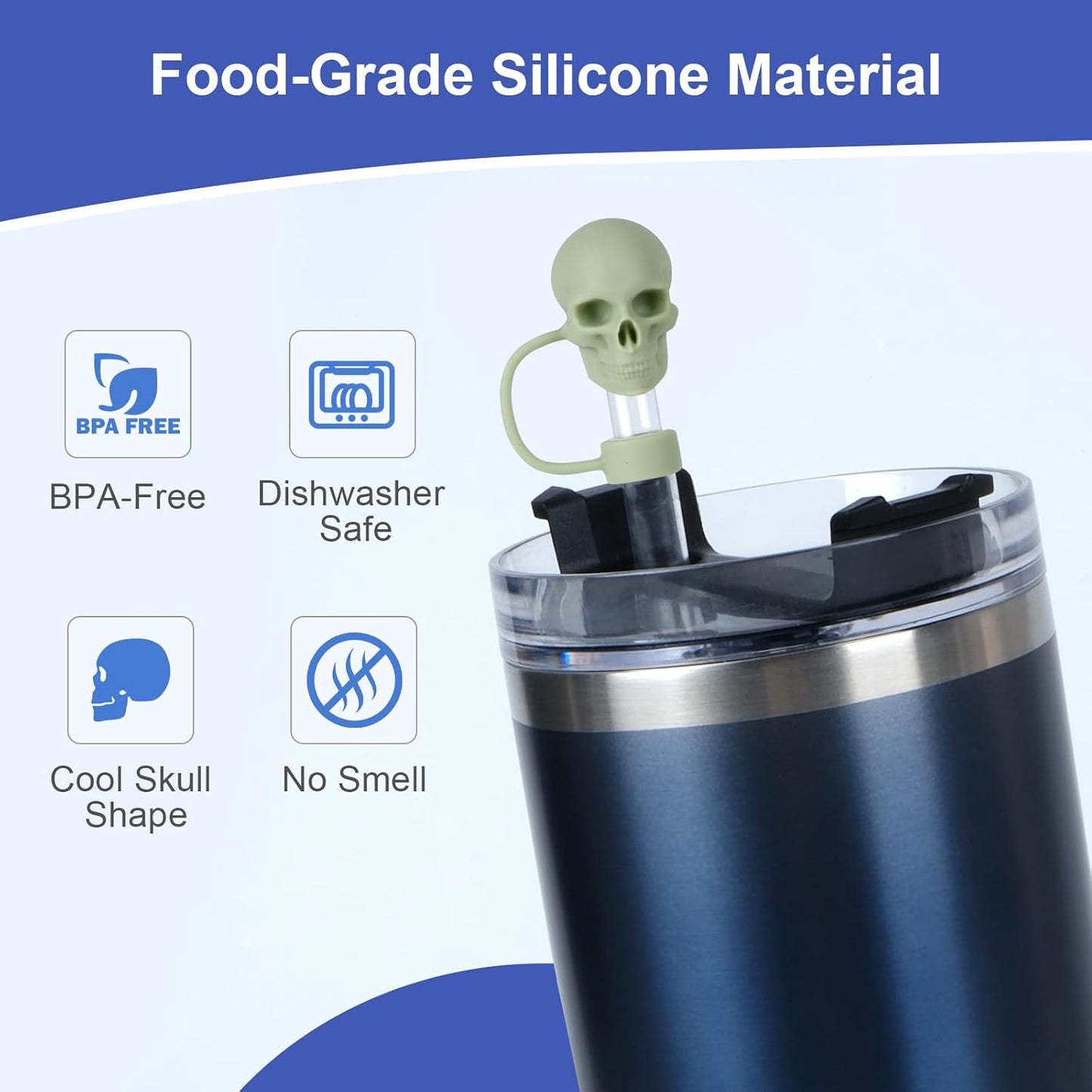 Straw Covers Cap Compatible with Stanley Cup 30 40oz with Handle - 6Pcs 10mm/0.4in Silicone Straws Toppers - Cute Funny Cool Skull Shape Straw Tumbler Accessories for Man & Woman - Reusable&Dust-proof