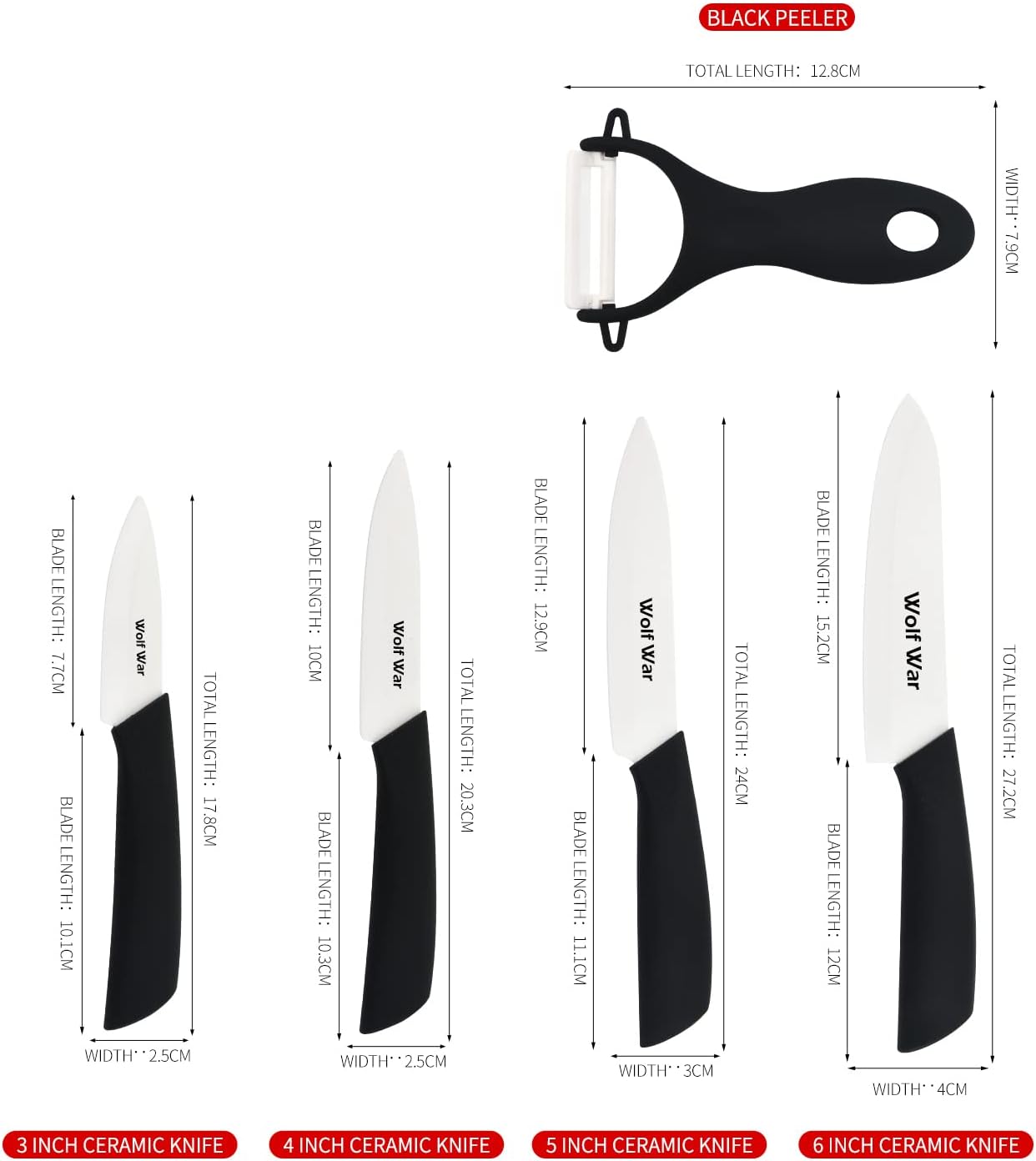Kitchen Ceramic Knife Set Professional Knife With Sheaths, Super Sharp Rust Proof Stain Resistant (6" Chef Knife, 5" Utility Knife, 4" Fruit Knife, 3" Paring Knife, One Peeler)