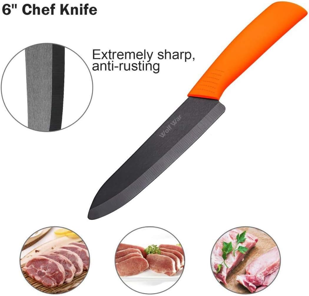 Kitchen Ceramic Knife Set Professional With Sheaths - Super Sharp Rust Proof Stain Resistant (6" Chef, 5" Utility, 4" Fruit, 3" Paring, One Peeler)