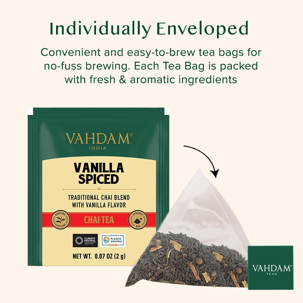 VAHDAM, Vanilla Chai Tea Bags (30 Count) High Caffeine, Non GMO, Gluten Free | Individually Wrapped, Full-bodied & Malty | No Artificial Flavor | Blended w/Vanilla, Cappuccino & Exotic Spices