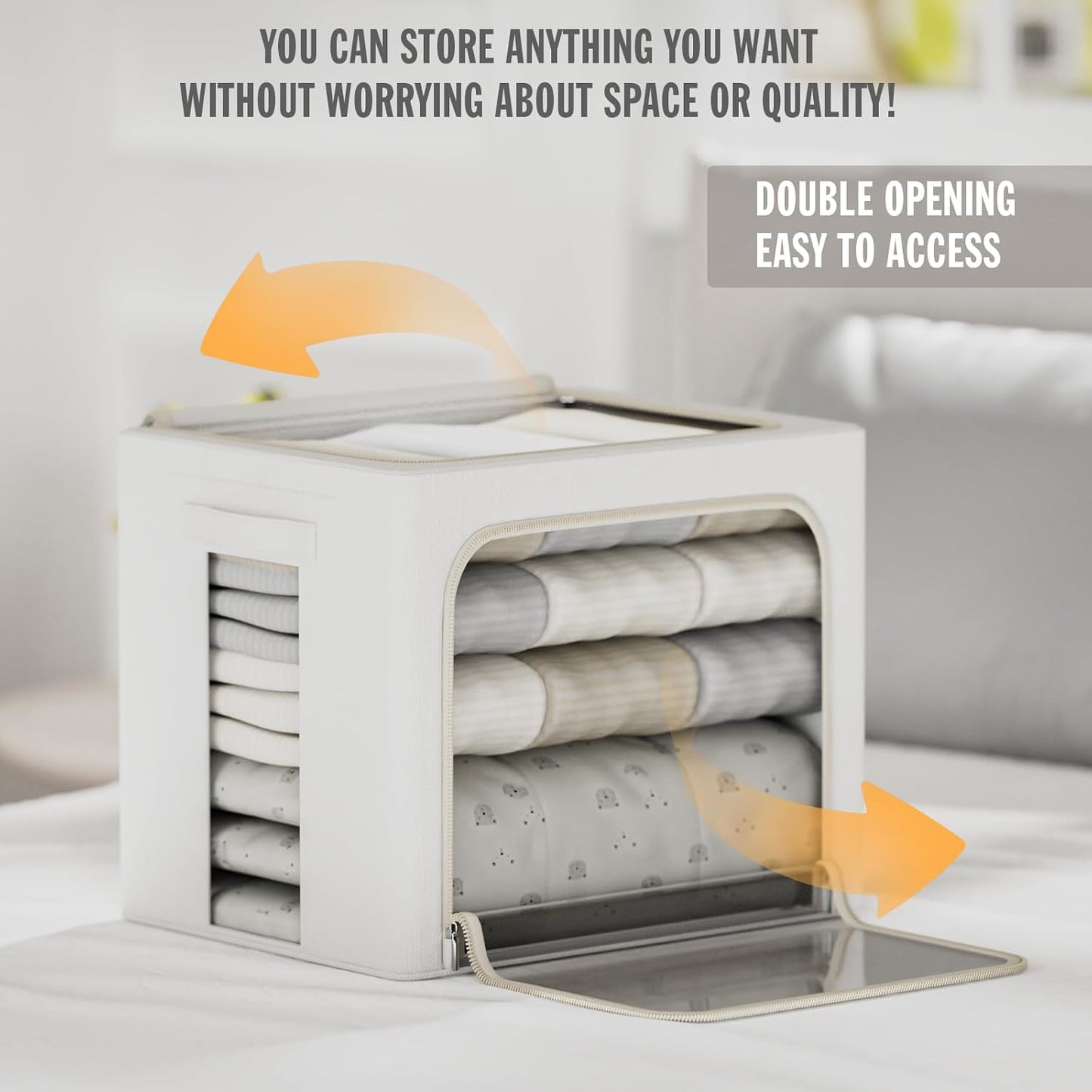 FHSQX 2 Pack Clear Window Storage Bins Large Stackable Linen Fabric Storage for Clothes Foldable Container Organizer Set with Carrying Handles (Lvory White, 19.7x 15.7x 12.6 Inch)