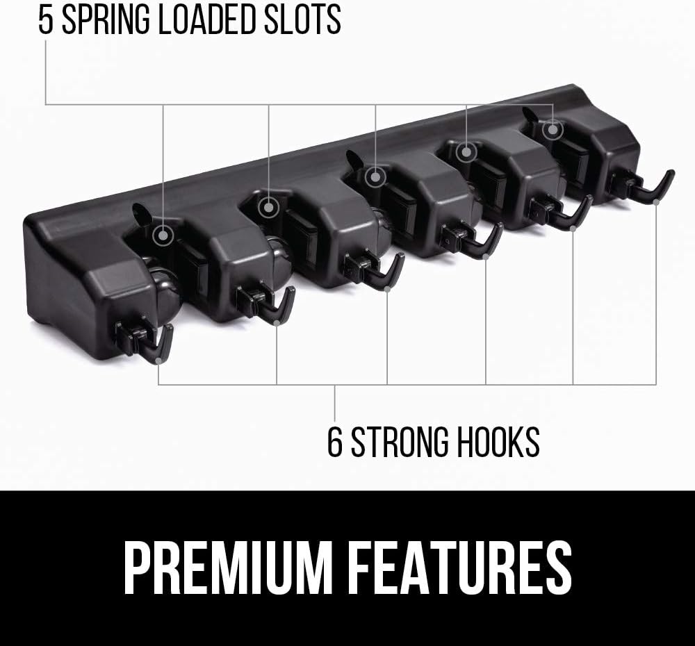 GORILLA GRIP Wall Mount Hook Fixture, Also Includes Slots to Hold Mop, Broom, Tools, Easy Install, Organize Cleaners, Tools, Home, Kitchen, Garage, 6 Hooks 5 Slots, Black