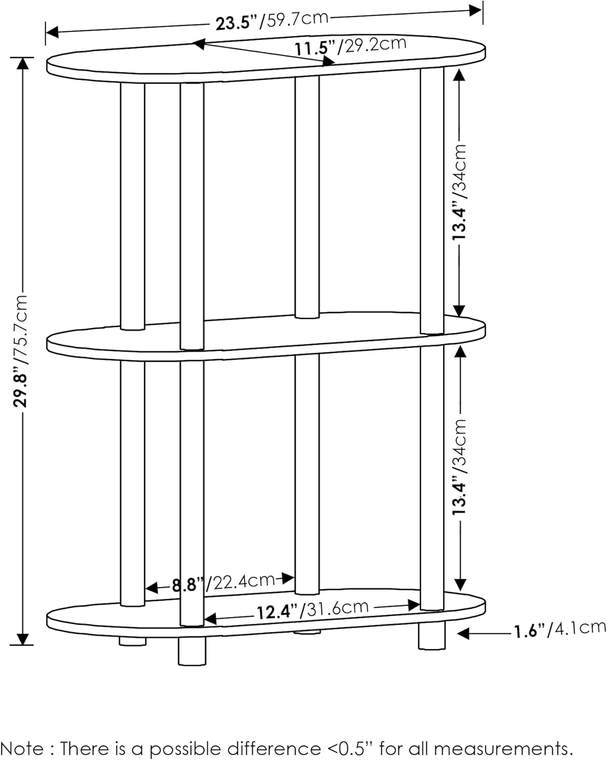 Furinno Turn-N-Tube No Tools 3-Tier Modern Oval Side Display Rack, White/Virgin White