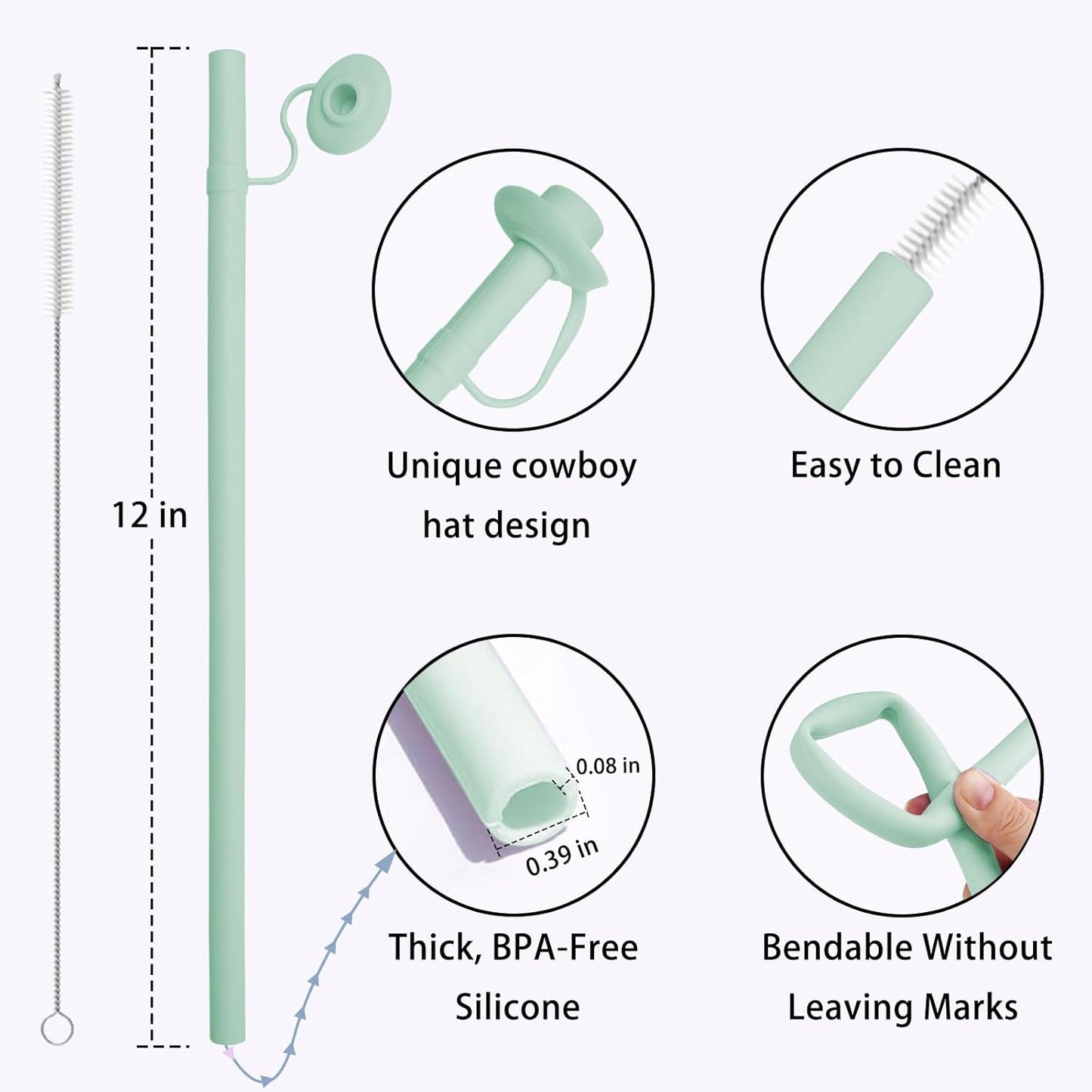 Reusable Silicone Straws with Cover, Bite-Safe, 12”Long Collapsible Drinking Straws for Stanley Owala Cups, Tumblers & Travel – Trim to Fit Any Cup (Green)
